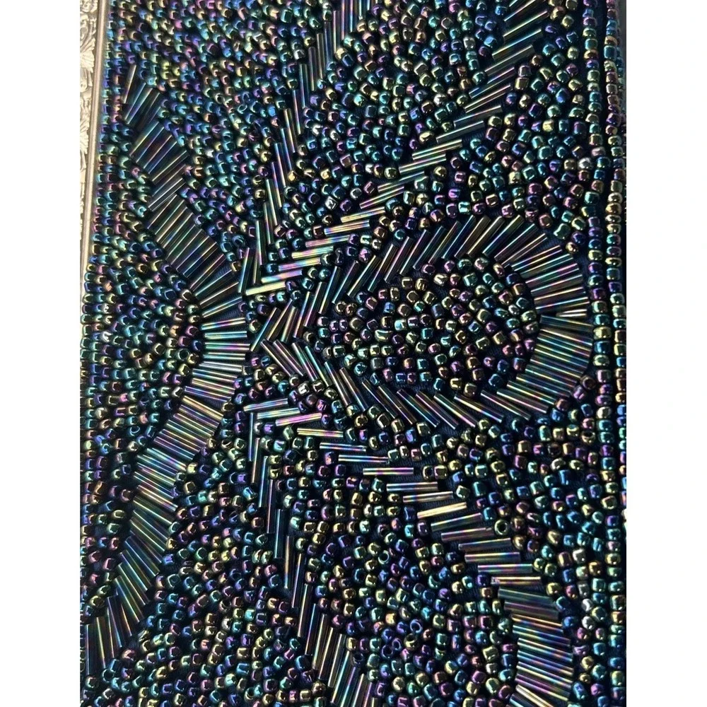 Iridescent Beaded Evening Clutch Bag Gold Tone Frame Chain Strap Navy Blue